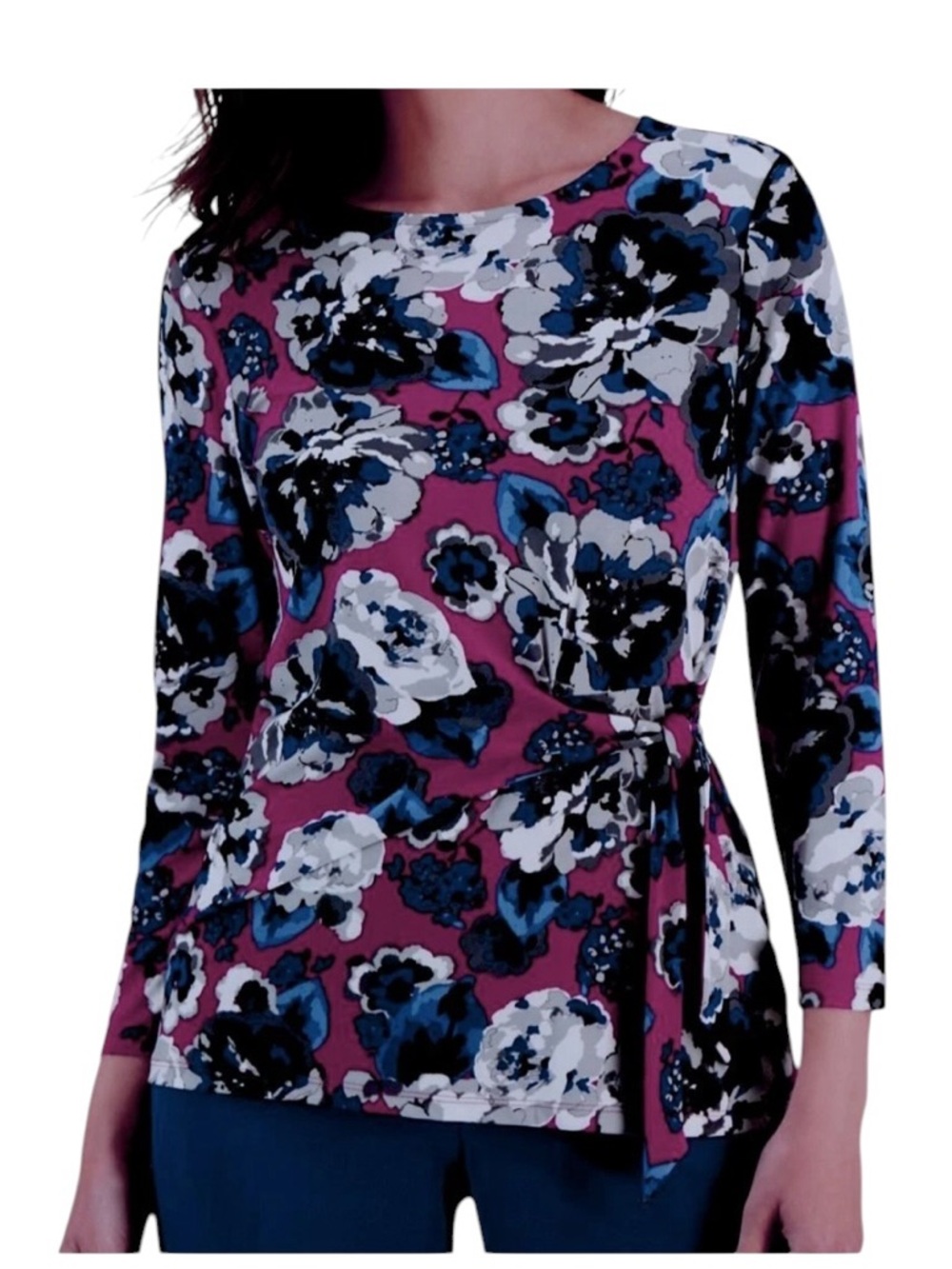 Kasper Floral Printed Long Sleeve Side Tie Top Blouse NEW Size Small